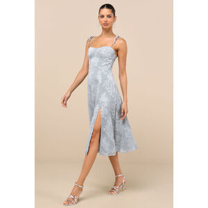 Lulus Loveliest Looks Dusty Blue Floral Jacquard Tie-strap Midi Dress - Size S